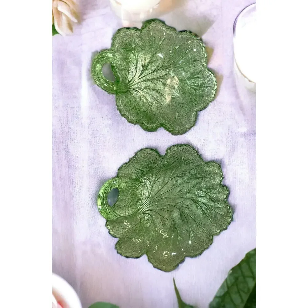 Lot of 2 Vintage Glass Cabbage Leaf Candy, Dessert, Salad Dishes 8.5